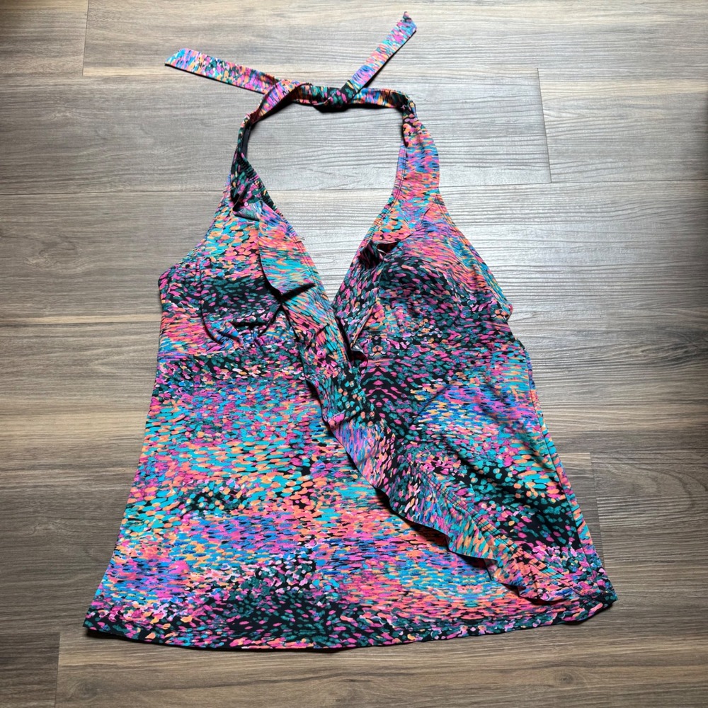Love Your Assets By Spanx Pink Watercolor Ruffle‎ Tankini Halter Swim Top Large